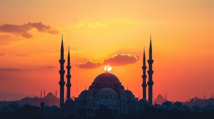 Obraz premium Silhouette of Mosque at Sunset