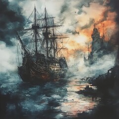 Obraz premium 17. Abandoned pirate ship, haunted by spirits, eerie fog, Watercolor style
