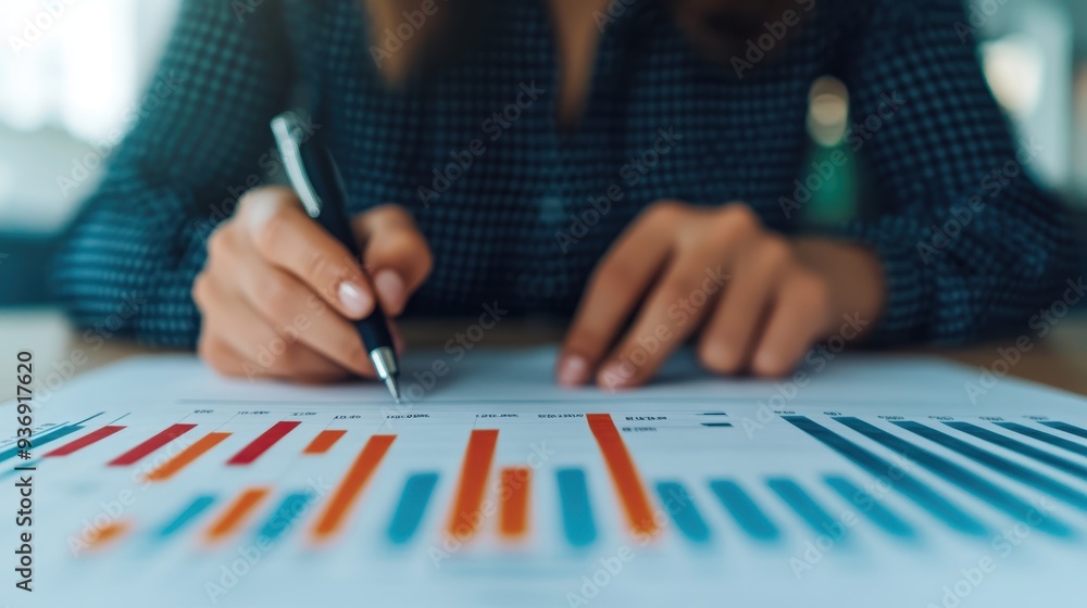 Poster visual of economic policy documents with graphs and charts, being analyzed by experts in a high-tech