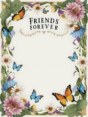 Fototapeta premium Friendship Forever Flowers and Butterflies Border Frame | Personalized Invitations and Announcements | Peaceful Design