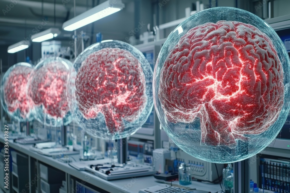 Poster advanced laboratory with 3d brain models in transparent cylinders representing cutting edge neurosci