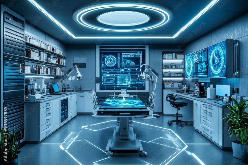 Poster futuristic research laboratory with digital interfaces and dna sequences displayed illustrating the 