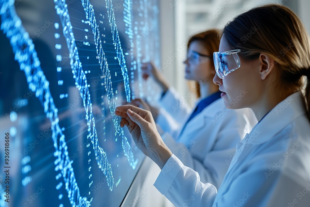 Poster scientist interacting with large dna touchscreen representing the future of genetic research and bio