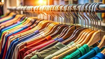 Fototapeta premium Clothing hangers displayed in a variety of styles and colors in a cloth shop