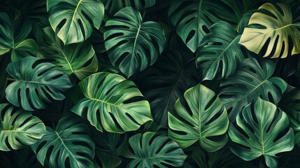 Monstera green leaves or Monstera Deliciosa in dark tones(Monstera, palm, rubber plant, pine, birdâ€™s nest fern), background or green leafy tropical pine forest patterns for creative design , ai