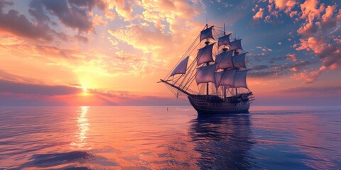 Obraz premium Adventure Awaits. Pirate ship on high detailed ocean plain background