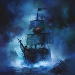 39. Cursed pirate ship, sailing through an eerie sea of mist, ghostly glow, Watercolor style