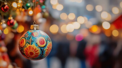 Obraz premium A colorful handmade clay ornament dangles from a tree, surrounded by twinkling lights and the lively atmosphere of a holiday market