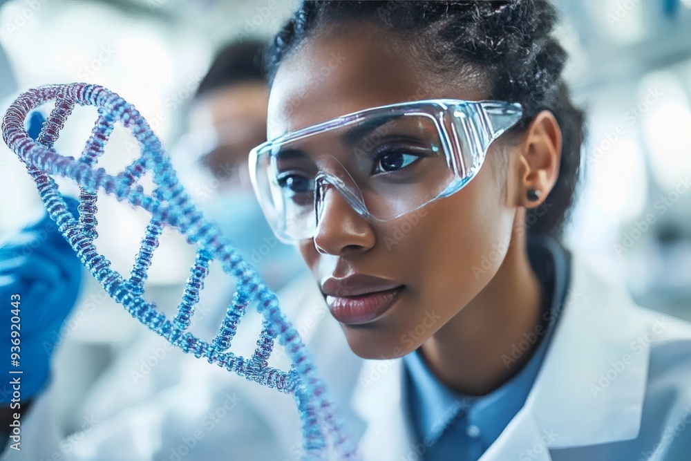 Aufkleber close up of a female scientist examining a 3d printed dna helix representing advanced techniques in 