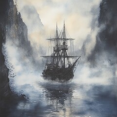 Obraz premium 43. Ghostly pirate ship, emerging from the depths, eerie fog, Watercolor style