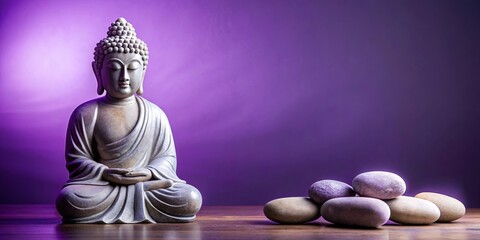 Buddha statue and rounded stones on purple background, creating a serene setting for meditation and relaxation