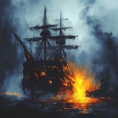 45. Abandoned pirate ship, glowing with cursed gold, eerie fog, Watercolor style