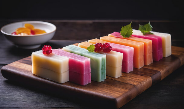 A row of colorful soaps sits on a wooden cutting board