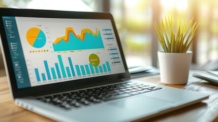 Laptop Displaying Business Graphs and Charts on a Wooden Table