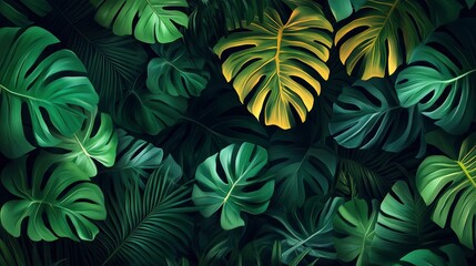 Fototapeta premium Monstera green leaves or Monstera Deliciosa in dark tones(Monstera, palm, rubber plant, pine, birdâ€™s nest fern), background or green leafy tropical pine forest patterns for creative design , ai