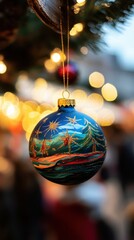 Fototapeta premium A beautifully painted ornament depicting trees and stars dangles from a tree, illuminated by festive lights at a holiday market