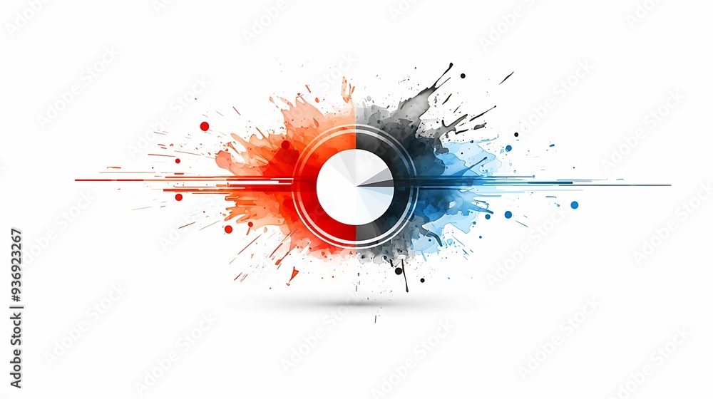 Poster a vibrant, abstract design featuring circular shapes and splashes of red and blue, symbolizing creat