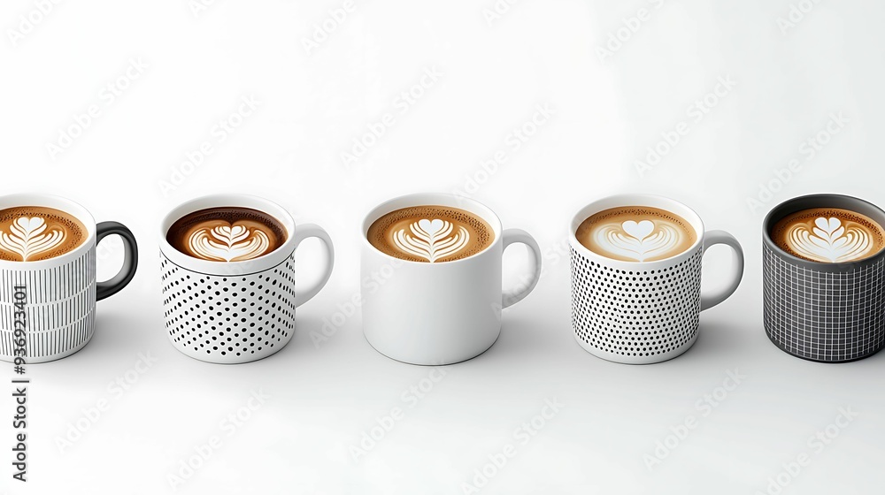 Poster - minimalistic coffee cups with unique patterns, arranged on a light background, copy space for text