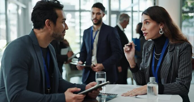 Meeting, convention and business people with tech in discussion for connection, plan and opportunity. Corporate, conference and employees with conversation for speed networking, information and event