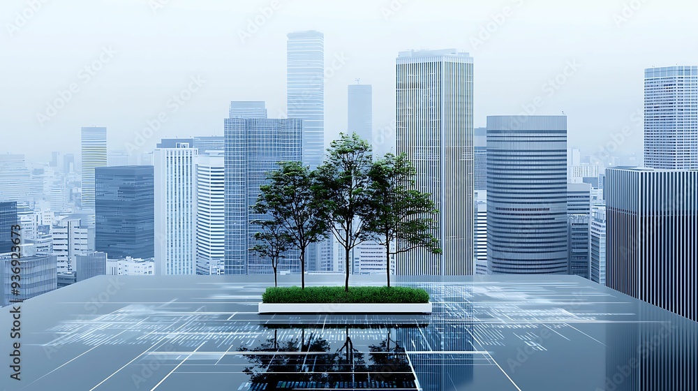 Poster - conceptual cityscape blending architecture with green spaces and digital overlays, copy space for 