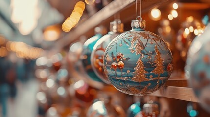 Delicate holiday ornament with intricate designs, suspended in a vibrant winter market filled with twinkling lights