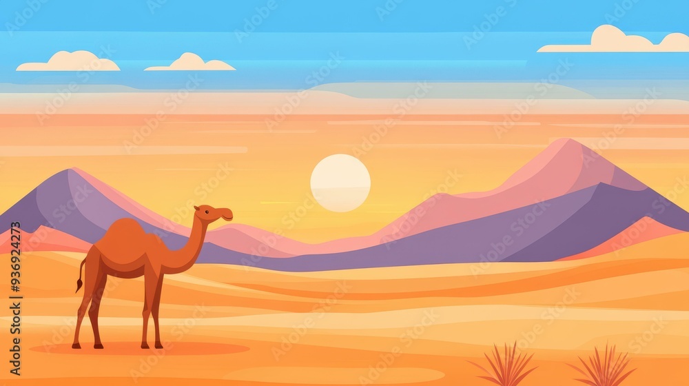 Aufkleber immerse yourself in a vibrant desert scene filled with whimsical camels and playful textures that po