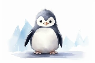 This charming baby penguin, rendered in whimsical watercolor, brings joy and playfulness to childrens books and designs.