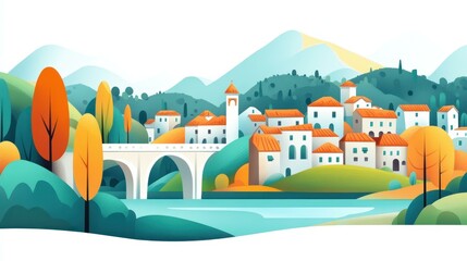 Experience the unique charm of a village with hanging homes along the river, beautifully captured in modern art.