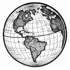 Black and White Globe Illustration of World Map with Detailed Continents and Ocean Names for Educational and Decorative Use
