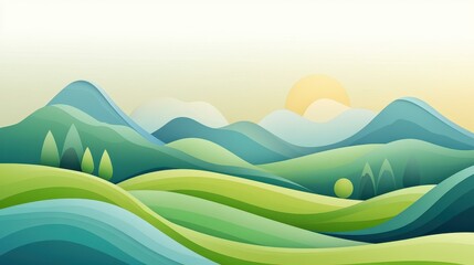 Obraz premium Experience a vibrant flat design showcasing textured hills and mountains in a stunning array of green hues.