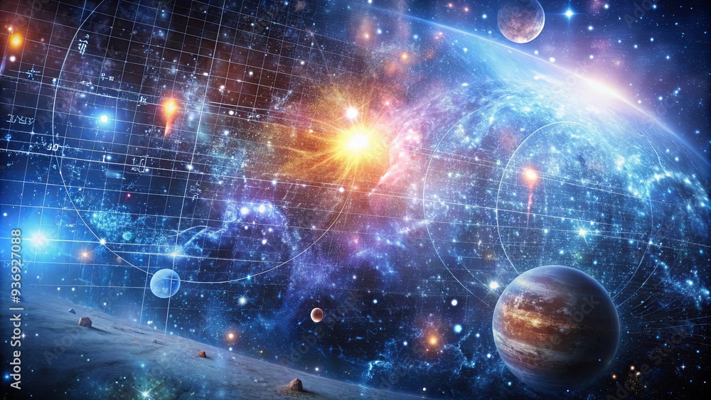 Wall mural physics and math equations on universe themed led background for interstellar space travel simulatio