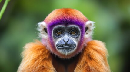 Obraz premium A vibrant, multicolored monkey with orange fur and a purple face set against a lush green background, showcasing nature's diversity.