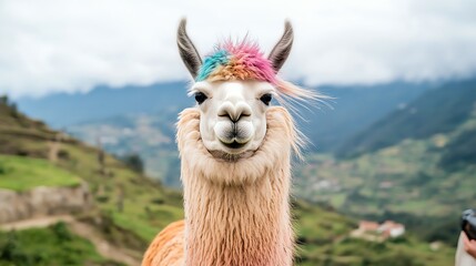 Obraz premium Cheerful llama with colored fur standing in front of a scenic mountain landscape, showcasing a playful and vibrant personality.