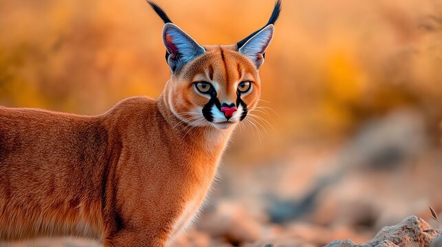 Beautiful caracal cat in natural habitat with striking eyes and tufted ears. Captured in golden light showcasing its elegance and agility.