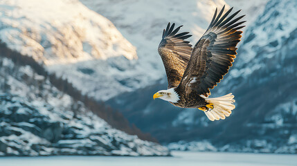 Fototapeta premium Majestic_bald_eagle_in_flight_against_mountain