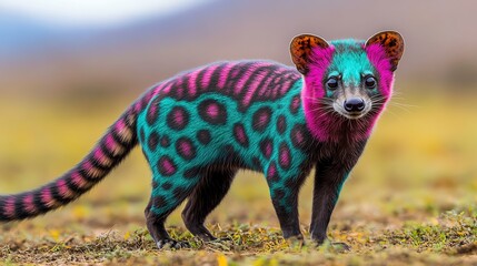 Colorful hybrid animal with vibrant patterns standing in a natural landscape, showcasing stunning fantasy elements.