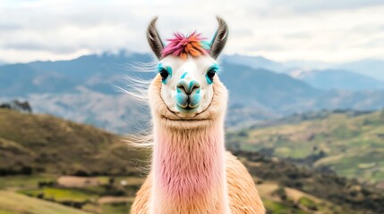Obraz premium Colorful llama with traditional decorations standing in lush mountainous landscape with cloudy sky in the background.