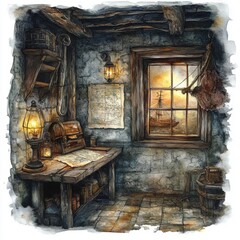 18. Ghostly pirate captain's quarters, dim lantern light, ancient map, Watercolor style
