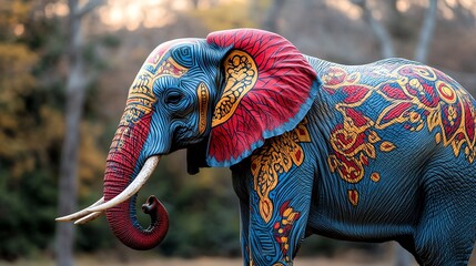 Obraz premium Colorfully painted elephant with intricate designs in nature, showcasing beautiful artwork and vibrant details against a natural background.