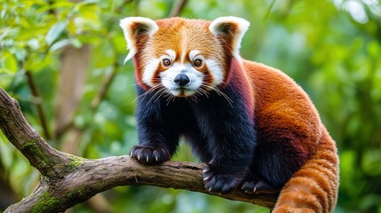 Fototapeta premium Cute Red Panda perched on a tree branch in a lush forest. The vibrant colors and curious expression make it an enchanting wildlife portrait.