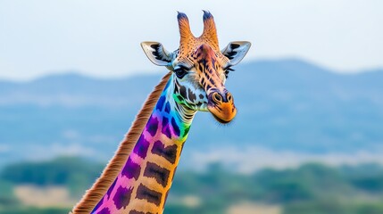 Obraz premium Vividly colored giraffe with a rainbow pattern on its neck, set against a serene natural background of hills and greenery.