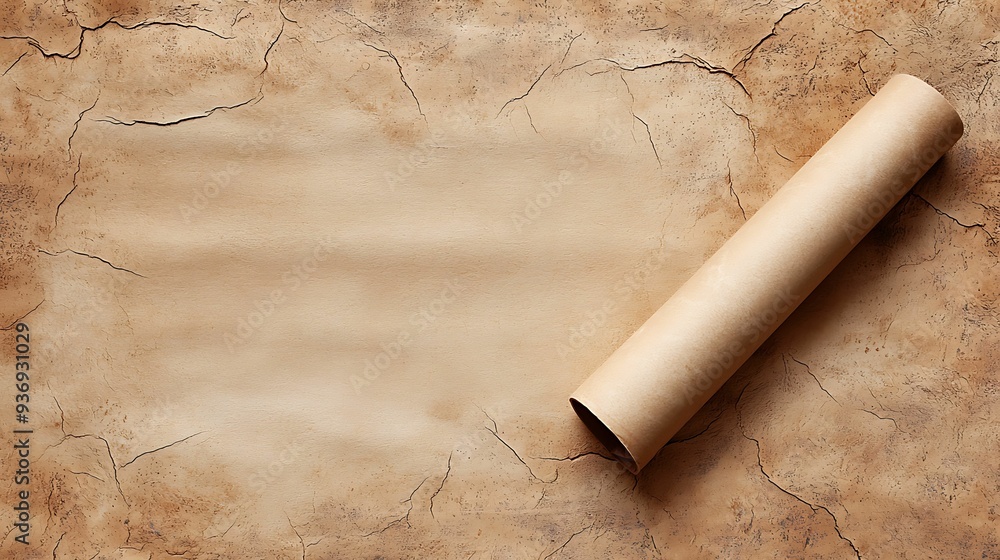 Poster - rolled-up ancient scroll on a textured surface, representing historical documentation or discovery