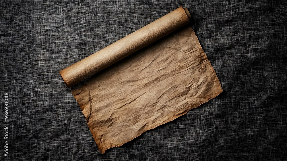Poster - rolled-up ancient scroll on a textured surface, representing historical documentation or discovery