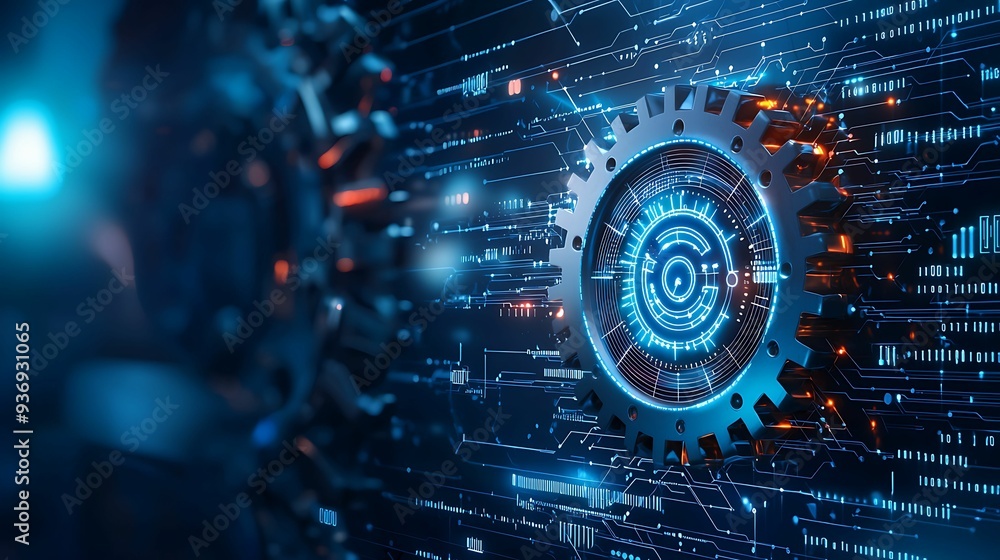 Aufkleber - close-up of mechanical gears with digital data flow, symbolizing advanced technology and engineeri