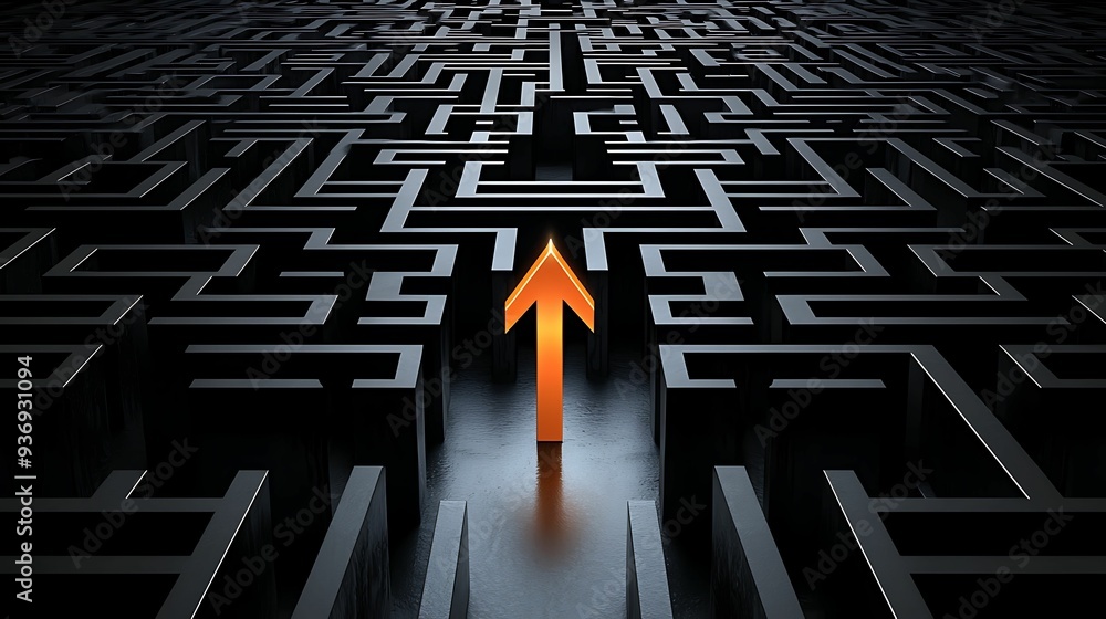 Poster - arrow navigating through a dark labyrinth, symbolizing overcoming challenges, copy space for text,