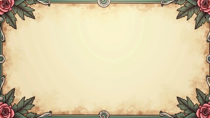 Decorative Vintage Floral Border Background with Roses and Leaves - Elegant Blank Template for Invitations, Certificates, and Cards