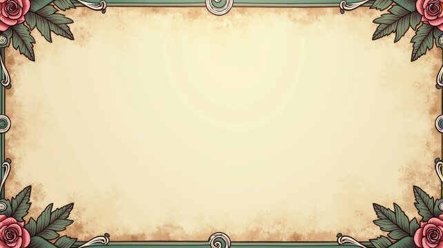 Decorative Vintage Floral Border Background with Roses and Leaves - Elegant Blank Template for Invitations, Certificates, and Cards