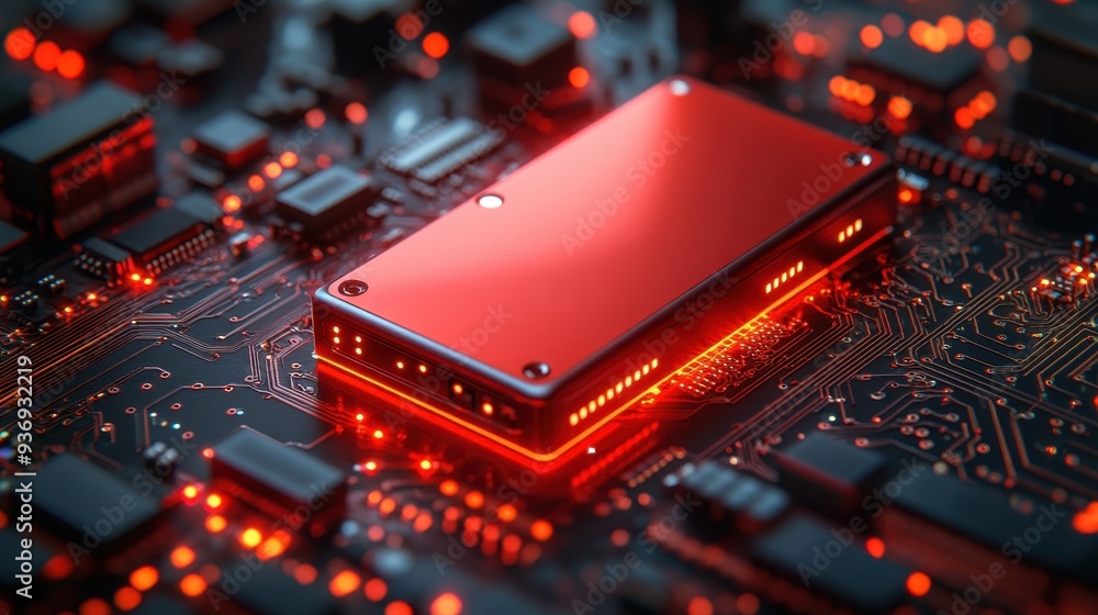 Poster high-tech red external drive resting on an illuminated circuit board, minimalistic background, empha