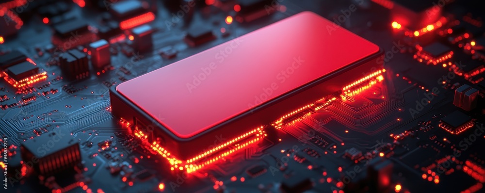 Poster a sleek red external drive on a circuit board, vibrant leds illuminating from underneath, showcasing