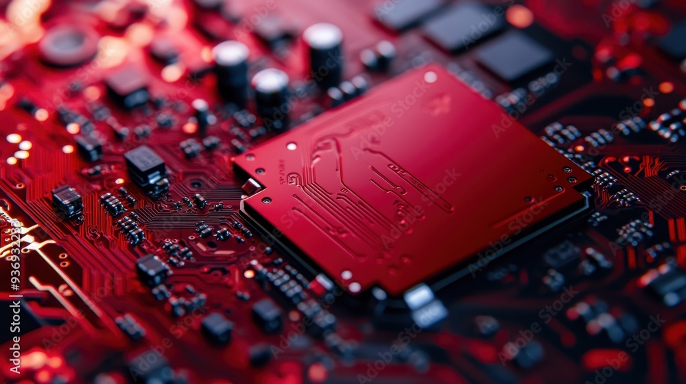 Poster close-up of a red external drive with intricate circuit board details, reflecting modern design and 